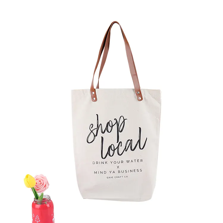 Cotton Tote Bag Fashion Design Custom Logo Color Eco Friendly Shopper Cotton Canvas Tote Shoulder Bags With Brown Leather Handles