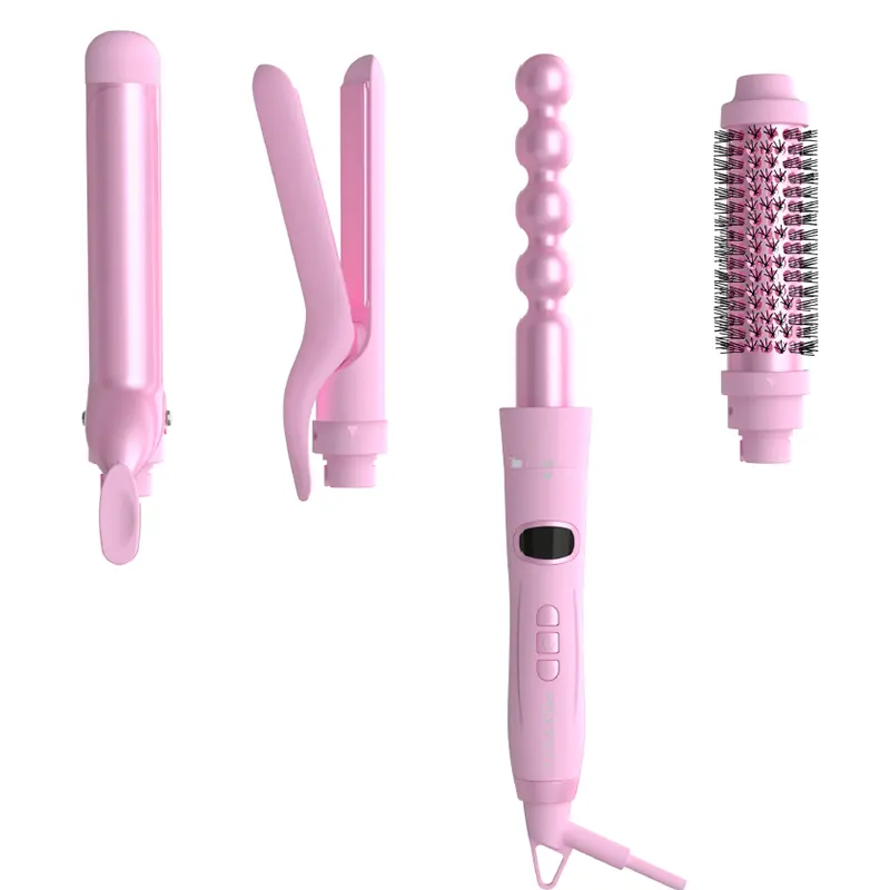 Multi Pink 4 en 1 Interchangeable Rotatif Lisseur de Cheveux Baguette et Brosse Thermique Set Peigne de Fer à Friser Rond Chauffant