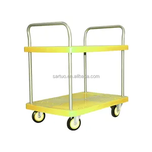 330LB Yellow Double Deck Trolley Trolley Rubber Wheel Picking Cart Utility Vehicle Storehouse Transportation Plastic Top Cart