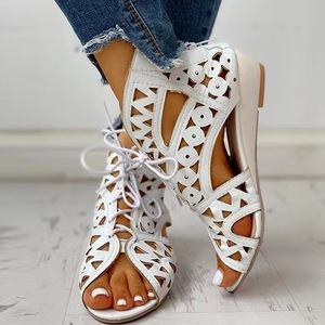 Sandalias de cuña con recortes para mujer, botines con cordones y punta abierta, con cremallera trasera, zapatos casuales de verano - Product Image 1