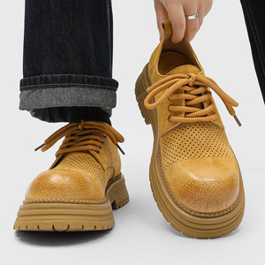 Chaussures décontractées pour hommes en cuir véritable, semelle épaisse, design ajouré respirant, à lacets, pour la marche - Product Image 1