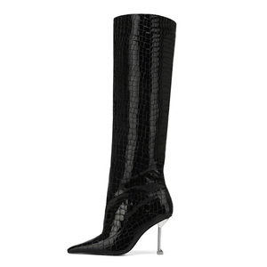 Bottines longues à talons chaton argentés pour femmes, imprimés animaliers, bout pointu, bottes hautes à la mode, tige droite - Product Image 1