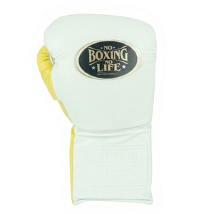 Guantes de Boxeo Personalizados 'No Boxing No Life' Blancos y Amarillos de Cuero de Alta Calidad para Sparring Profesional, MMA, con Muñequera Ajustable - Product Image 1