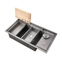 Évier de cuisine rectangulaire en acier inoxydable 304 au design moderne avec robinet et porte-couteau, lave-gobelet