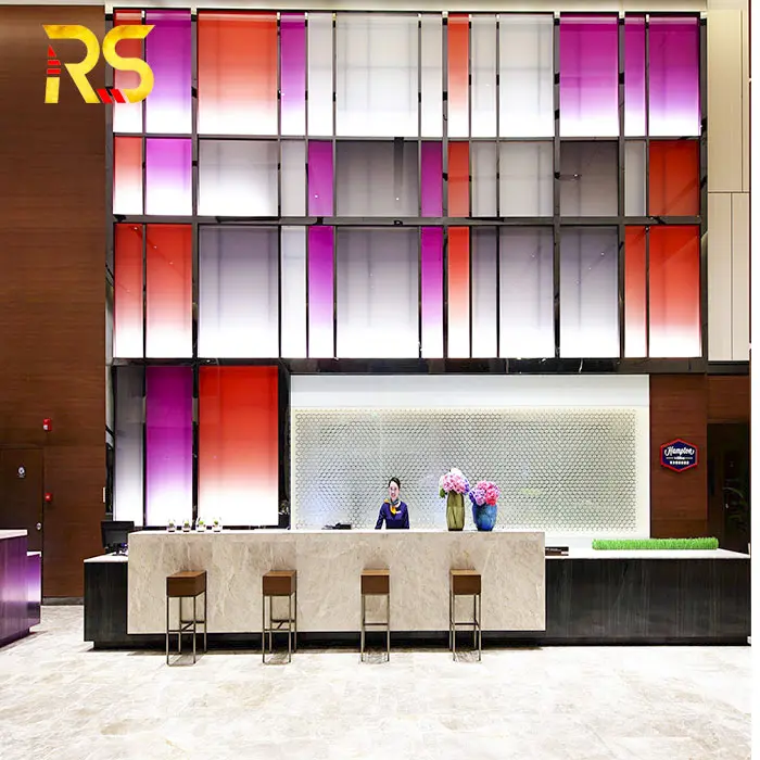 Hotel reception decorative luxury wall panel screen custom stained glass partition with led