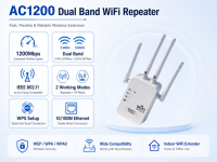 Penguat Sinyal WiFi Dual Band 1200Mbps, Repeater Nirkabel 5GHz 2.4GHz dengan 4 Antena, Mode WPS, Port Ethernet