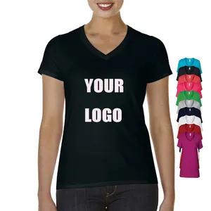 도매 여성 캐주얼 V-넥 티셔츠 슬로건 로고 인쇄 코튼 여성의 간단한 티셔츠와 섹시한 여자 사용자 정의 개인 라벨