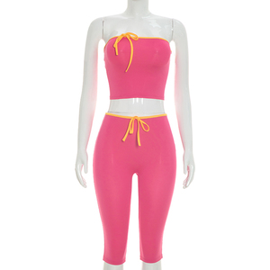 Viviblook Q26ST074 Women Summer Color Blocking <b>Set</b> Sleeveless <b>Sexy</b> Strapless Crop Top Tight Cropped Pants Two Piece <b>Set</b> - Product Image 2