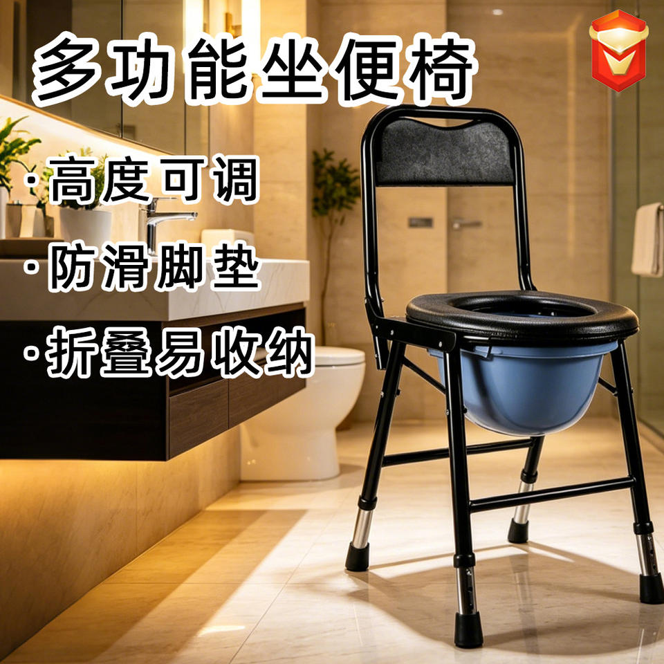 Portable Toilet Chair Adjustable Height Black Foldable For Elderly And ...