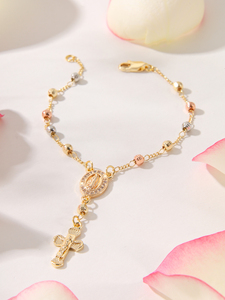 Joyería Religiosa, Virgen de Guadalupe, Cruz con Circonitas, Pulsera con Colgante de la Virgen María, Bañada en Oro de 14k, Pulsera con Cruz de Rosario Tricolor - Product Image 2