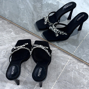 Women's Fashion Slippers 2025 Summer New Rhinestone Square Toe Temperament High Heels - Product Image 4