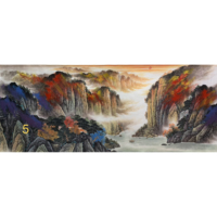 Peinture de paysage chinois traditionnelle à couleurs intenses, peinte à la main, sur papier Xuan, 367x144cm, sur grande échelle, Montagnes majestueuses éternelles