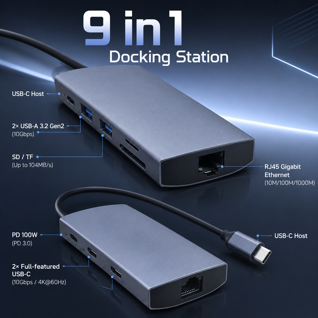 9in1 USBC Docking Station,Dual 4K*60Hz HDMI & DP,10Gbps USB-C/A Ports,Gigabit Ethernet,100W PD Charging, Aluminum Hub for Laptop