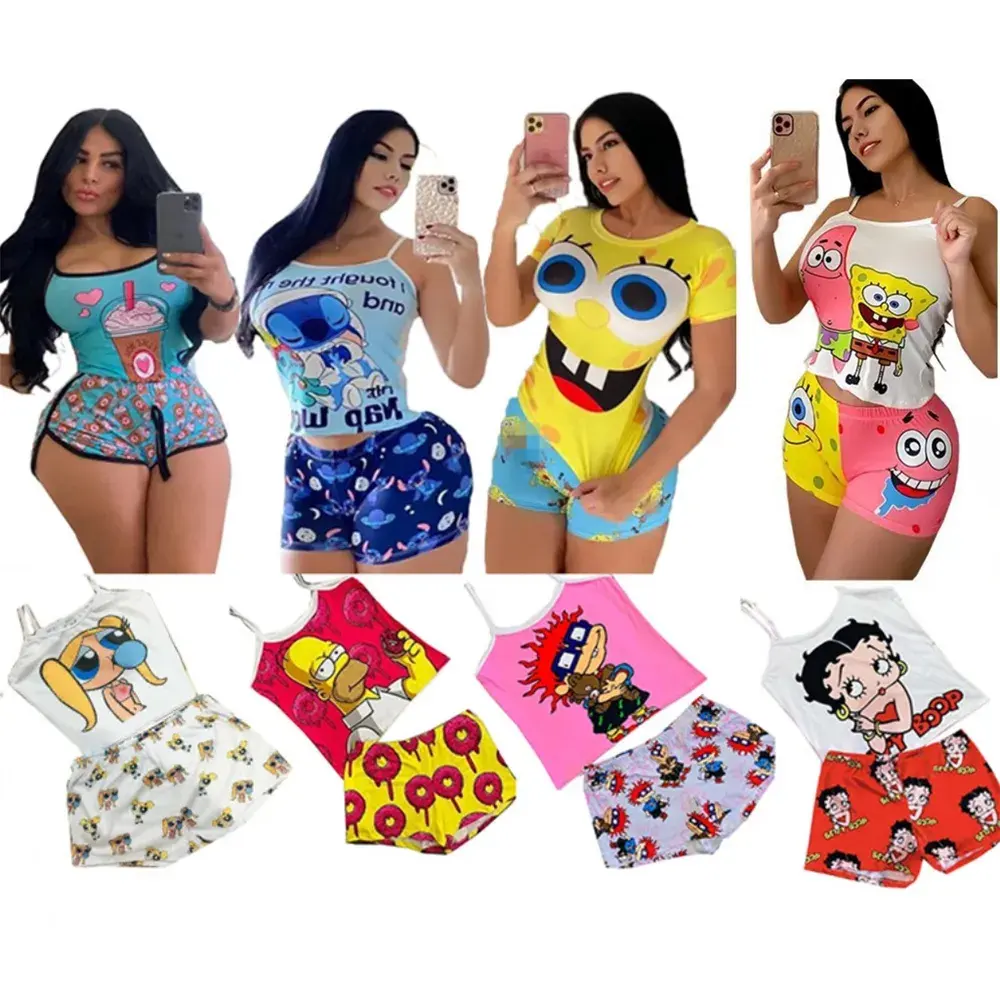 China Wholesale 43%off Summer 2024 Tank Top Custom Cartoon Two Piece Short Pajama Set sleepwear ladies