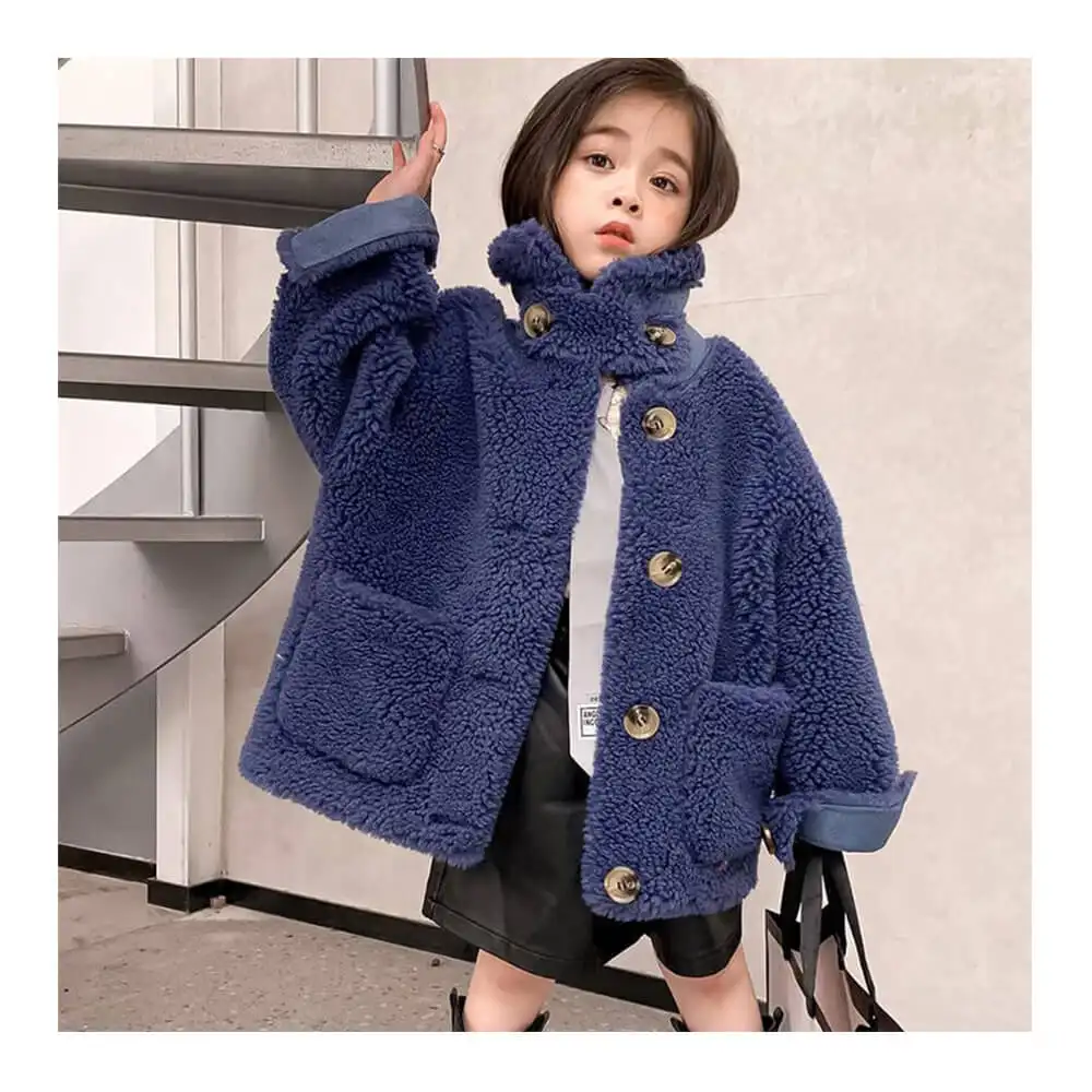 Cappotti invernali da bambina con collo in pelliccia di lana leopardo blu rosa moda cappotti invernali caldi pelosi carini per bambini