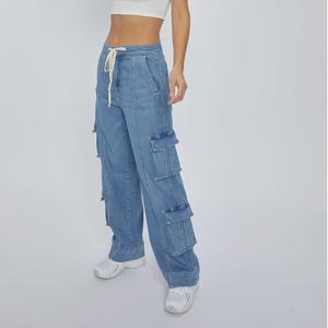 Nouveau jean femme délavé multi-poches à jambes larges et lacets, tendance - Product Image 2