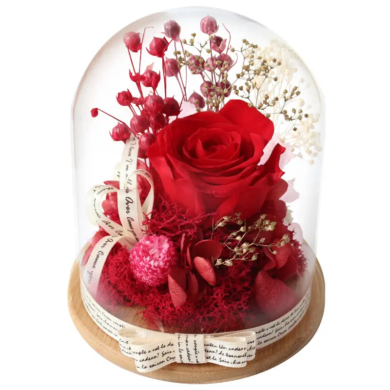 Fresh cut Flowers, Forever Roses, Handmade Real Preserved Red Roses Romantic Gifts in Glass Dome on Wood Base