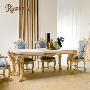 Ensemble de meubles de salle à manger de style villa classique européenne, bois massif, sculpture artisanale, table à manger extensible, 6 chaises, Esstisch luxueux - Product Image 3