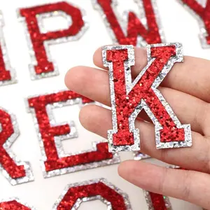 Red & Silver Iron On Sequin Letter sticker Patches Glitter Alphabet Embroidery Patch Clothes