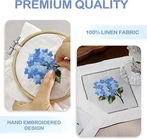 ผ้าเช็ดปากค็อกเทลผ้าลินิน 100% สีขาว ลายดอกไฮเดรนเยีย ทำมือ ขนาด 6x6 นิ้ว ใช้ซ้ำได้ ผ้ารองแก้วขนาดเล็ก ปักขอบ  รับสกรีนโลโก้ สำหรับงานวันเกิด - Product Image 5