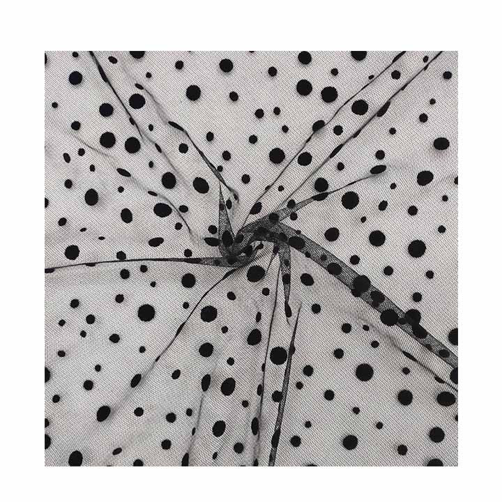 High Quality Custom 95% Polyester 5% Spandex Laser Cut Cheap Flocking Black Polka Dot Elastic Knitting Tulle Mesh Fabric