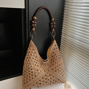 Borsa Tote Boho in Paglia Intrecciata all'Ingrosso, Borsa a Mano all'Uncinetto Fatta a Mano con Manico in Legno e <span class=keywords><strong>Perline</strong></span>, Grande Borsa da Spiaggia Estiva da Donna con Chiusura Magnetica - Product Image 3