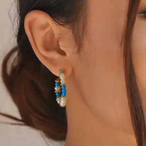 MPE01 Statement Western Cowgirl Tribal Boho Jewelry Turquoise Geometric C Shape Drop Dangle Earring Ethnic Hoop for Women Girls