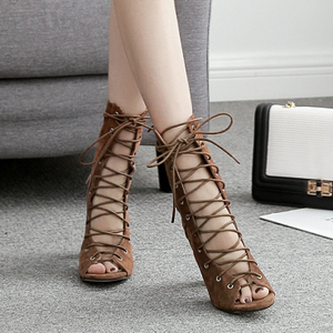 Botas de mujer de media pantorrilla con diseño hueco y cordones, botines de tacón grueso con punta redonda abierta, a la moda de verano para damas. - Product Image 2