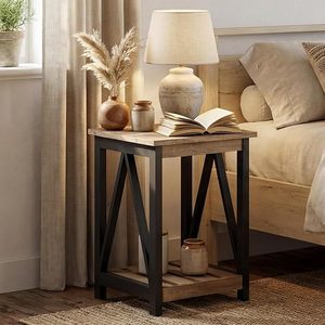 Wood And <b>Iron</b> Side <b>Table</b> With Shelf Farmhouse Style Coffee <b>Table</b> For Living Room - Product Image 4