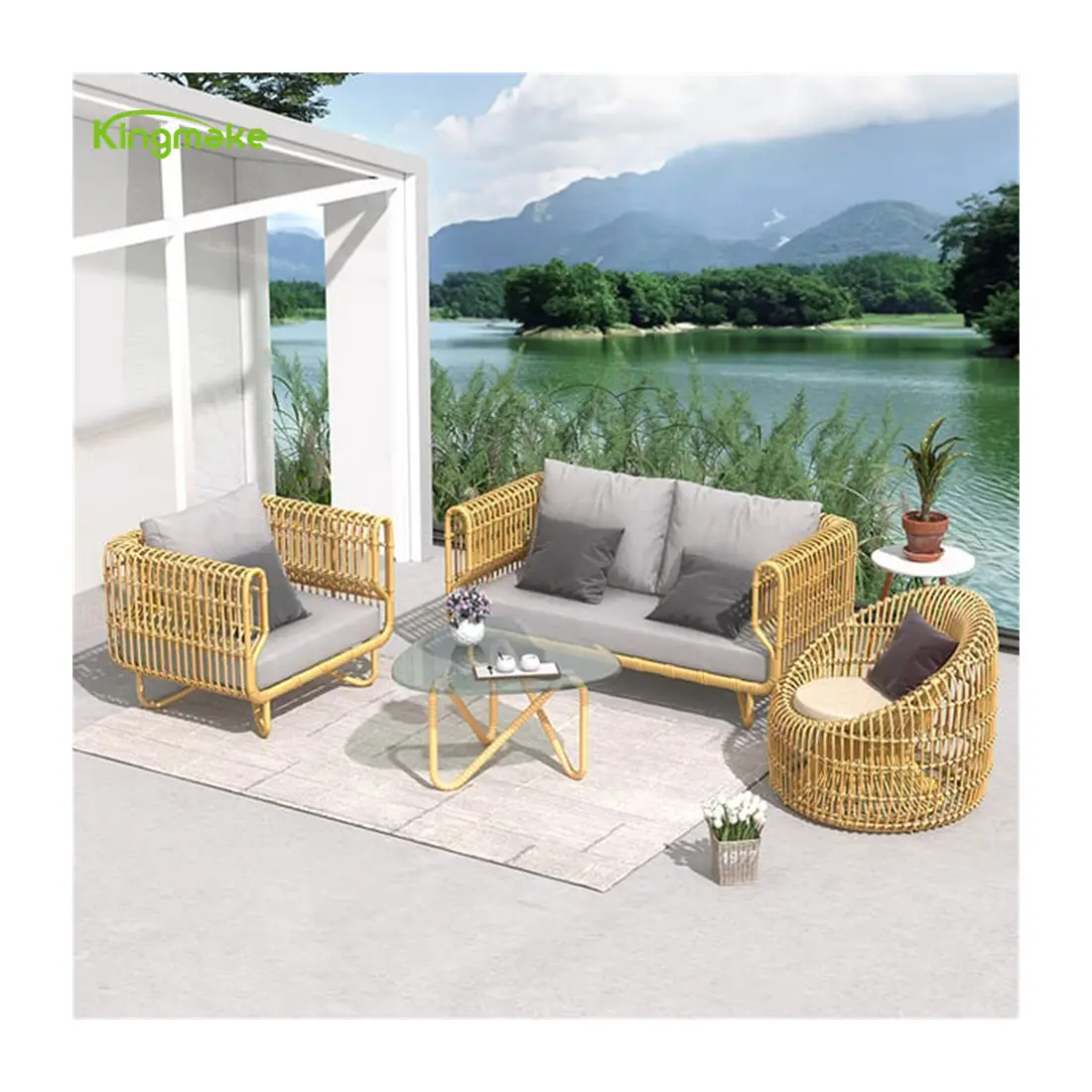 Popular al aire libre de caña de mimbre muebles de mimbre 4 piezas sofá conjunto de muebles de Patio moderno sofá conjunto de jardín