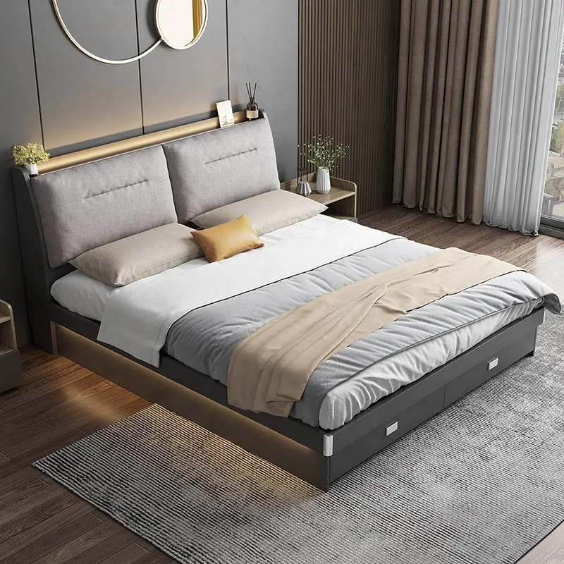 Sensor de luz inteligente para dormitorio, cama doble suave de almacenamiento supergrande