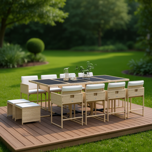 Ensemble de salle à manger de jardin en rotin beige 8 places, mobilier d'extérieur résistant aux intempéries, design contemporain, structure en métal - Product Image 2