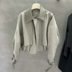 Veste Trench Courte Minimaliste <span class=keywords><strong>Kaki</strong></span> pour Femme avec Col en Cuir Contrastant, <span class=keywords><strong>Manteau</strong></span> Trench <span class=keywords><strong>Court</strong></span> pour le Printemps et l'Automne - Product Image 4