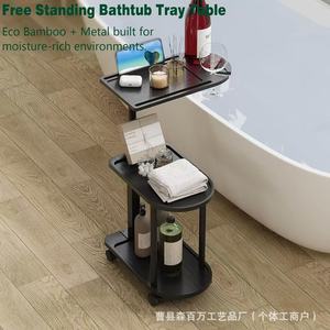 Three Tier <b>Storage</b> <b>Cart</b> Black Bamboo Material With Caster Wheels For Bedroom Bathroom Organization - Product Image 3