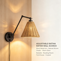 Applique murale en rotin à bras articulé, lampe murale réglable en métal noir avec abat-jour en rotin pour chambre à coucher, hôtel, éclairage de lecture