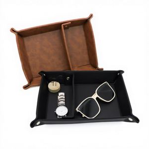 Collapsible PU Leather Valet Tray <b>Desk</b> Coin Card Key Storage Box with Keychain for Business & Promotional Gifts - Product Image 1