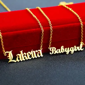 Collier de plaque de nom en or personnalisé, pendentif lettre personnalisée, mon acier inoxydable, bijoux en gros, 14K, 18K, 24k