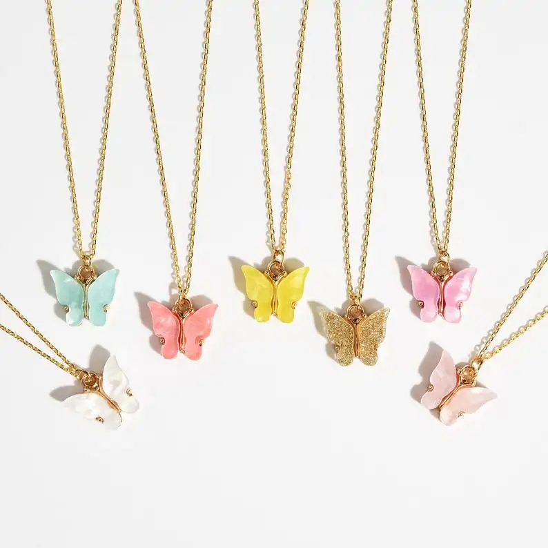 Personalized Necklace For Kids Gift For Her Colorful Charm Acrylic Gold Butterfly Necklace Butterfly Initial Necklace