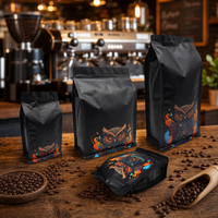 Sachet de café noir mat à huit soudures latérales avec fermeture éclair et valve unidirectionnelle, impression personnalisée, pochette à fond plat, vente en gros OEM