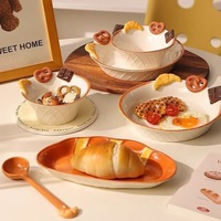 Bol en porcelaine à motifs dessinés à la main sous glaçure, vaisselle à pain, tasse à café en relief avec soucoupe et assiette, compatible micro-ondes