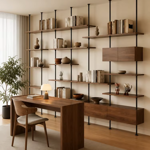 Scaffale Modulare Aperto Personalizzato All'Ingrosso, Mensole Flottanti in <span class=keywords><strong>Legno</strong></span> con Palo in <span class=keywords><strong>Metallo</strong></span> Nero <span class=keywords><strong>e</strong></span> Armadietto per Soggiorno, Camera da Letto, Ufficio - Product Image 1