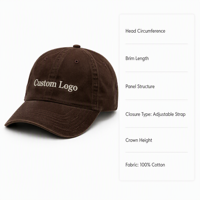 Casquette de baseball vintage personnalisée avec logo, marron chocolat, 6 panneaux, en sergé de coton délavé, visière incurvée, vente en gros