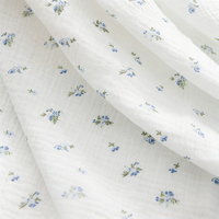 Tissu en coton 100% double épaisseur, crêpe gaze, imprimé mini-fleurs bleues, doux et froissé, pour vêtements d'intérieur, pyjamas et vêtements pour enfants