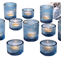 Lot de pots à bougies cylindriques en verre faits à la main, écologiques, bleus, côtelés, pour bougies votives et bougies chauffe-plat, pour la maison, Noël, Pâques