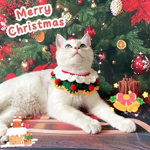 Collier et écharpe de Noël pour animaux de compagnie, cache-cou tricoté pour chats et chiens, ensemble <span class=keywords><strong>bonnet</strong></span> d'hiver, cadeau festif rouge et vert - Product Image 1
