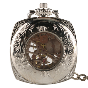 Unique Style Ancien Forme Carrée <span class=keywords><strong>Argent</strong></span> Steampunk Squelette <span class=keywords><strong>Montre</strong></span> De Poche Mécanique Avec Chaîne Pour Hommes Cadeau D'anniversaire - Product Image 2