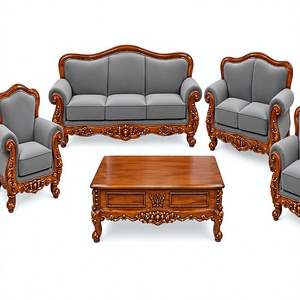 Canapé de luxe artisanal de style européen, en bois de teck Sagwan indien massif, design rétro sculpté, avec tissu et éponge, idéal pour appartement - Product Image 1