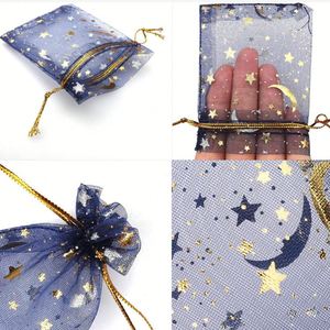 Bolsa de Organza Plateada con Estampado Dorado 9x12cm, Bolsa de Malla con Estrellas y Luna con Cordón, Elegante Embalaje para Joyas y Pendientes para Regalo - Product Image 5