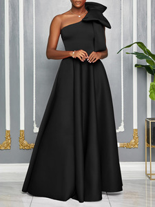 Abito da festa da donna taglie forti, nuovo modello alla <span class=keywords><strong>moda</strong></span> con spalla asimmetrica e fiocco, vestito ampio a balze - Product Image 4