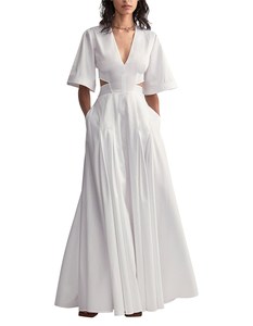 Plain 2023 Ladies Summer Dress V Neck Show Back Waist Pure <strong>White</strong> <strong>Maxi</strong> Pleated Elegant Gentle Women's Dress - Product Image 1